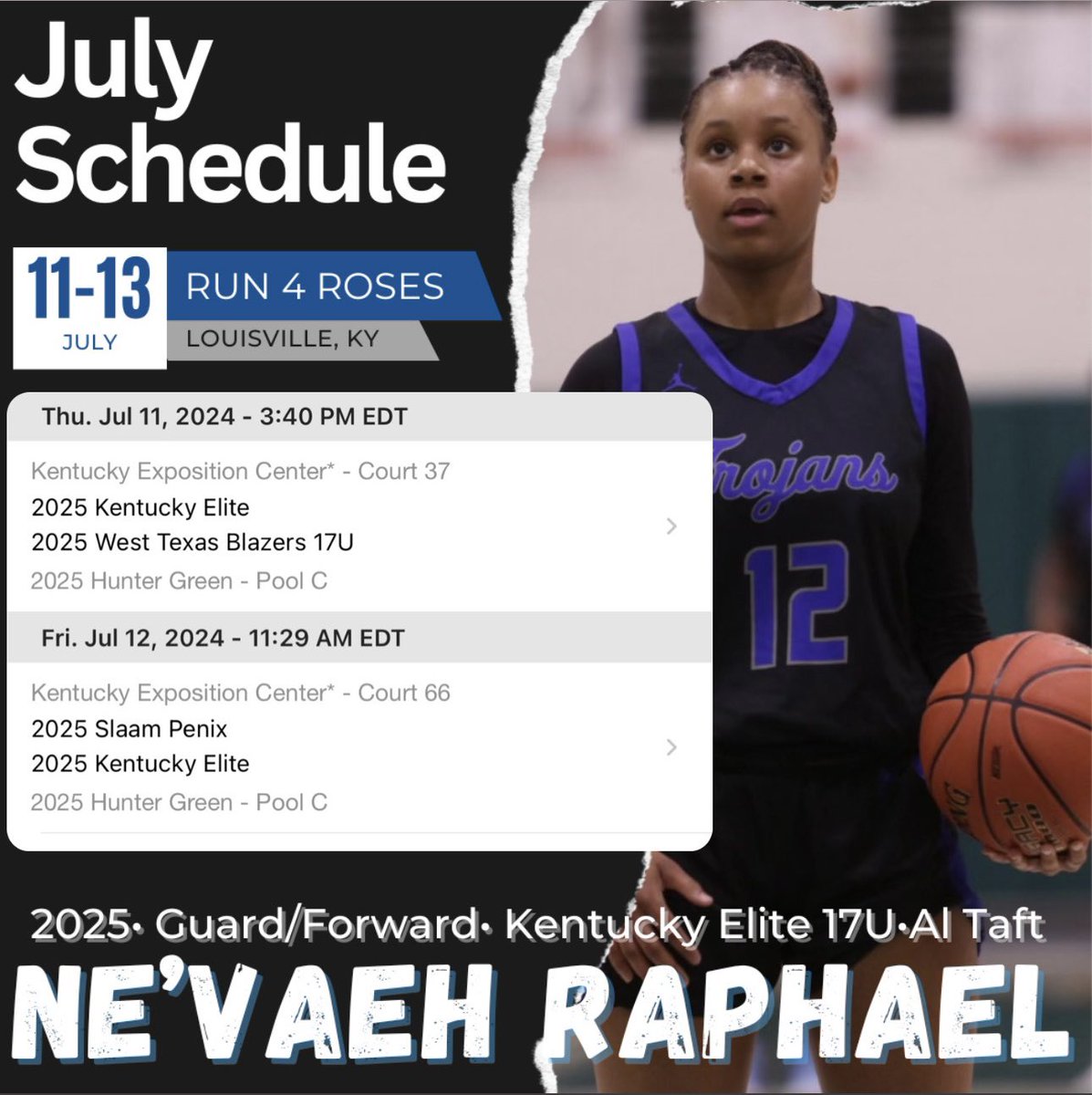 Destiny Bramblett M.S. (@coachdb_) on Twitter photo Some of my 2025 Class will be in Louisville for <a href="/TFNsRun4Roses/">TFN's Run 4 Roses</a> ! Here is the schedule of their first couple of games.
<a href="/jackson_maya25/">Maya Jackson</a> 5’10 G/F
<a href="/kphoopz/">KP</a> 5’11 F
<a href="/NevaehRaphael12/">Ne’vaeh Raphael</a> 5’9 CG
<a href="/NHHS_GirlsHoops/">North Hardin Lady Trojans Girls Basketball</a>
#LadyTrojans #NorthHardin #Kentucky #NCAALivePeriod #Run4Roses Some of my 2025 Class will be in Louisville for <a href="/TFNsRun4Roses/">TFN's Run 4 Roses</a> ! Here is the schedule of their first couple of games.
<a href="/jackson_maya25/">Maya Jackson</a> 5’10 G/F
<a href="/kphoopz/">KP</a> 5’11 F
<a href="/NevaehRaphael12/">Ne’vaeh Raphael</a> 5’9 CG
<a href="/NHHS_GirlsHoops/">North Hardin Lady Trojans Girls Basketball</a>
#LadyTrojans #NorthHardin #Kentucky #NCAALivePeriod #Run4Roses