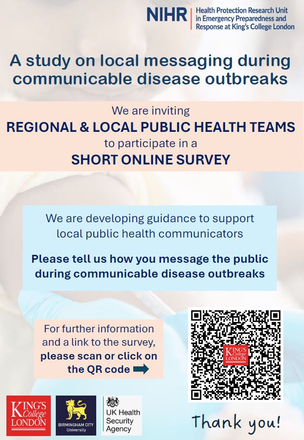 Do you work for a regional or local public health authority in England?

Does your role include communicating with local communities during infectious disease outbreaks?

If so please take our short online survey.

For more info: tinyurl.com/5h22c38v