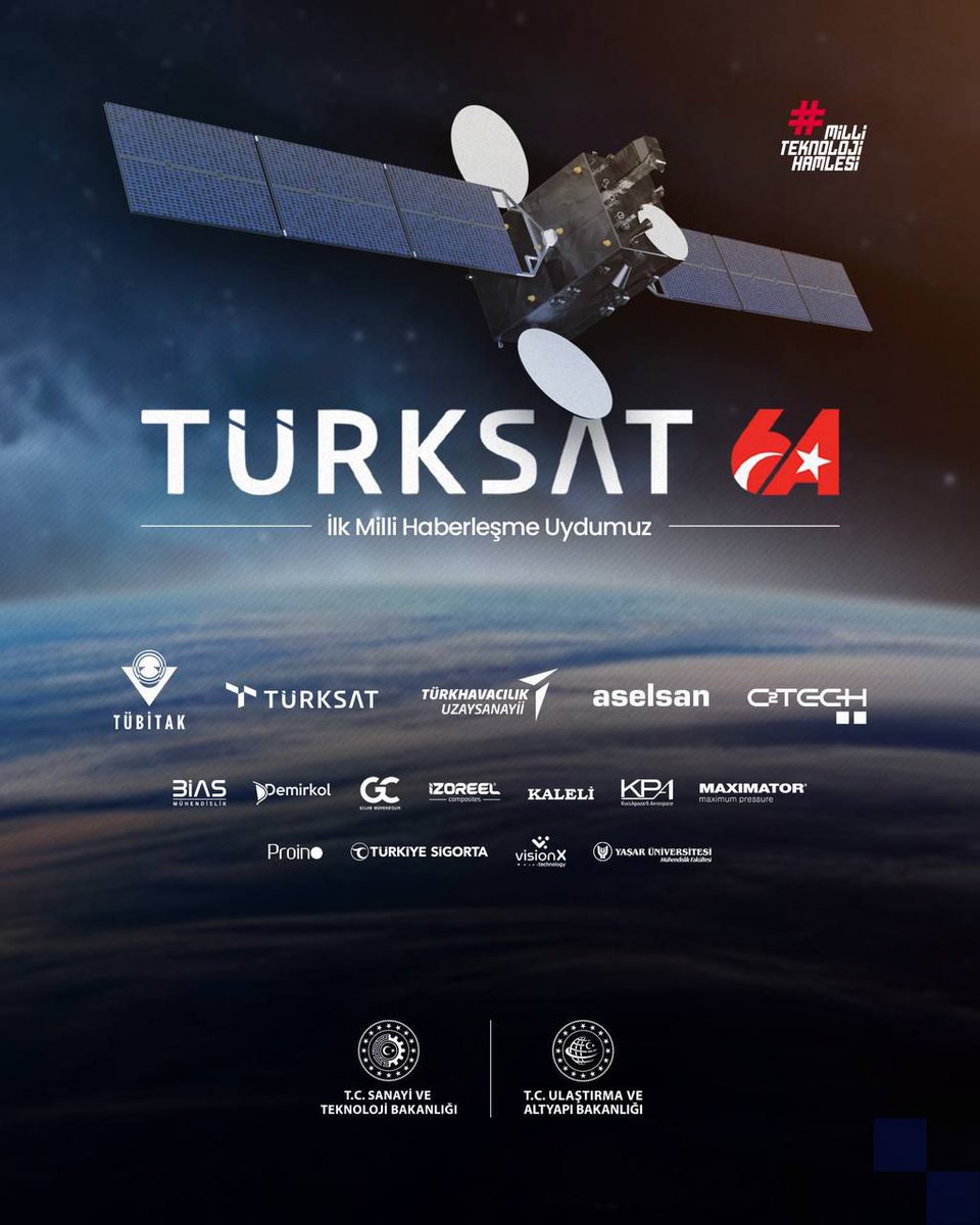 🛰️ Gururumuzun arkasında; büyük bir emek var! 🦾

⚙️ Ülkemizin yerli imkanlarla geliştirdiği ilk haberleşme uydusu TÜRKSAT 6A'nın tasarımında, geliştirilmesinde ve üretilmesinde sonsuz gayretle çalışan herkese teşekkürler. 🤩

🌌 Haberleşme uydusu üretebilen 1️⃣1️⃣ ülkeden biri