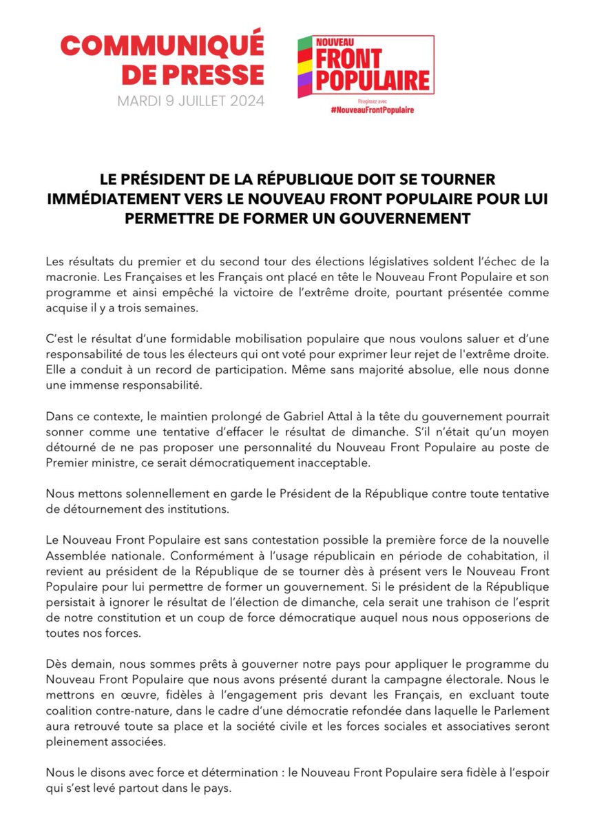 Communiqué du #NouveauFrontPopulaire

Le Président de la République doit se tourner immédiatement vers le nouveau Front populaire pour lui permettre de former un gouvernement.