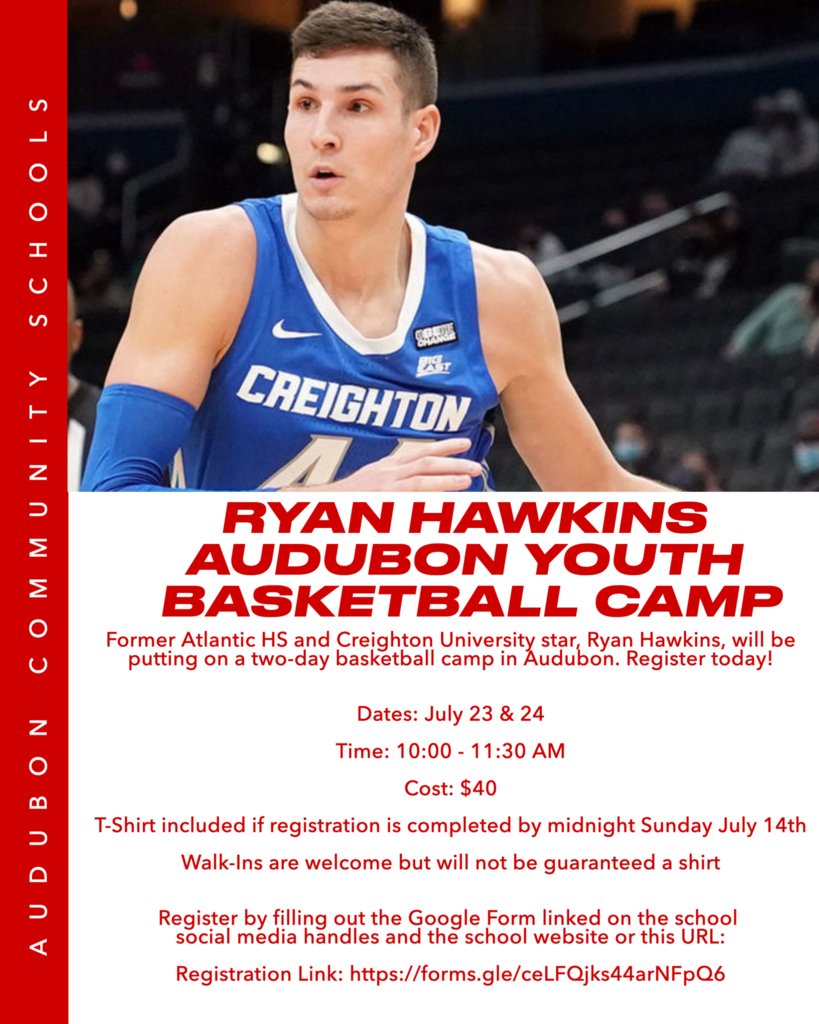 Register for the Ryan Hawkins Audubon Youth Basketball camp by Sunday to guarantee your free t-shirt! 

Registration Link: forms.gle/ceLFQjks44arNF…
