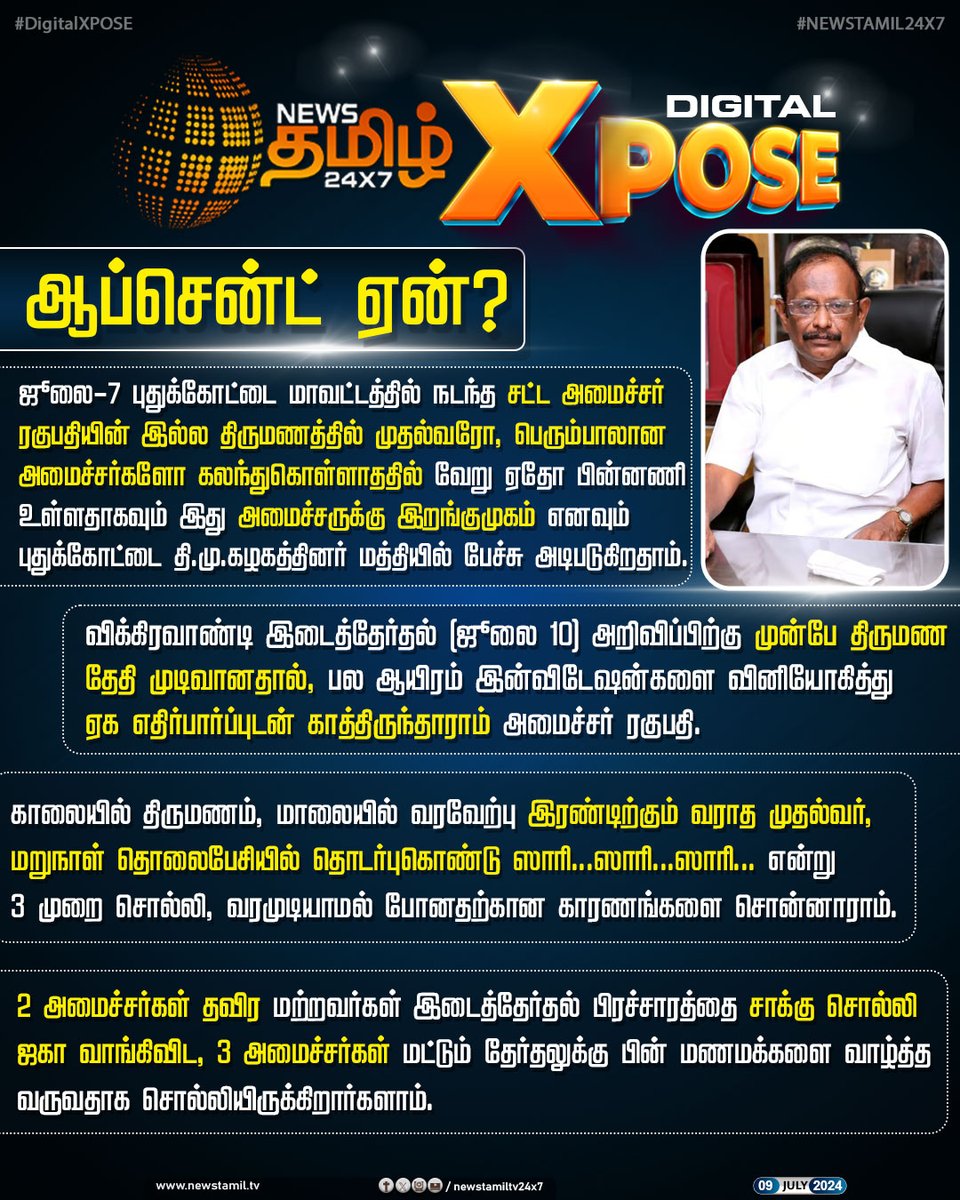 NewsTamilTV24x7's tweet photo. #DigitalXPose | ஆப்சென்ட் ஏன்?
#NewsTamil24x7DigitalXpose | #Xpose | #DigitalXpose | #NewsTamilXpose | #LawMinister | #Ragupathi | #MKStalin | #NewsTamil24x7 https://t.co/OSYnrw6ZNC