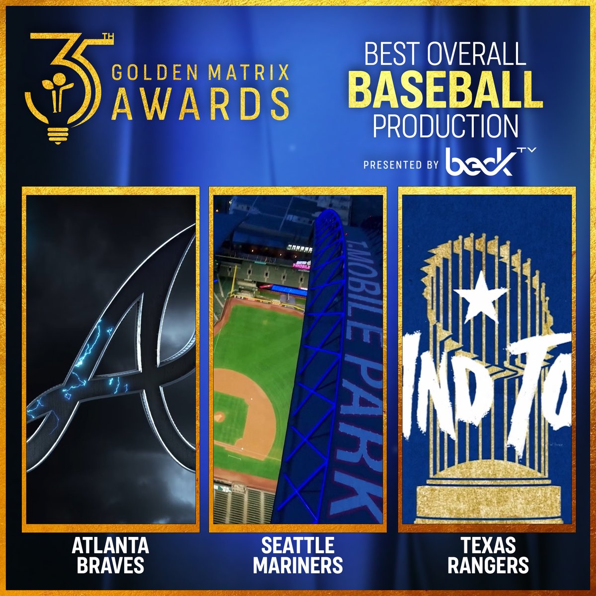 Now announcing your finalist for Best Overall Production Baseball!

Congrats to the @braves, @mariners, and the @rangers!

The final reveal is up next for Best Overall Production in Football. Stay Tuned!
#ideastlouis #ideastl #GMA