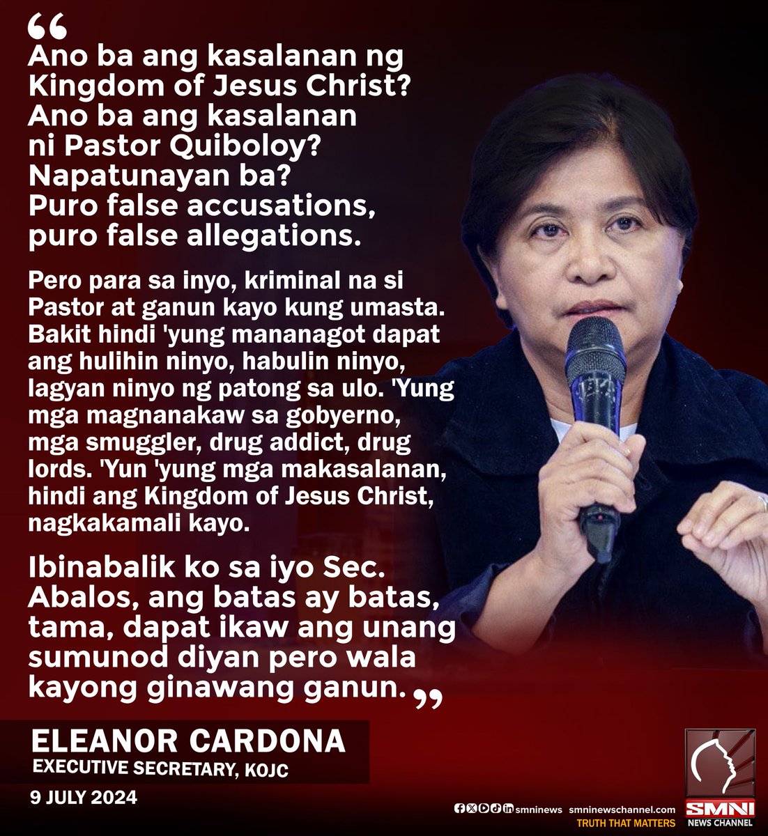 smninews's tweet photo. Sec. Abalos, dapat ikaw ang unang sumunod sa batas — Eleanor Cardona, KOJC Executive Secretary https://t.co/mEXHmT4t6X