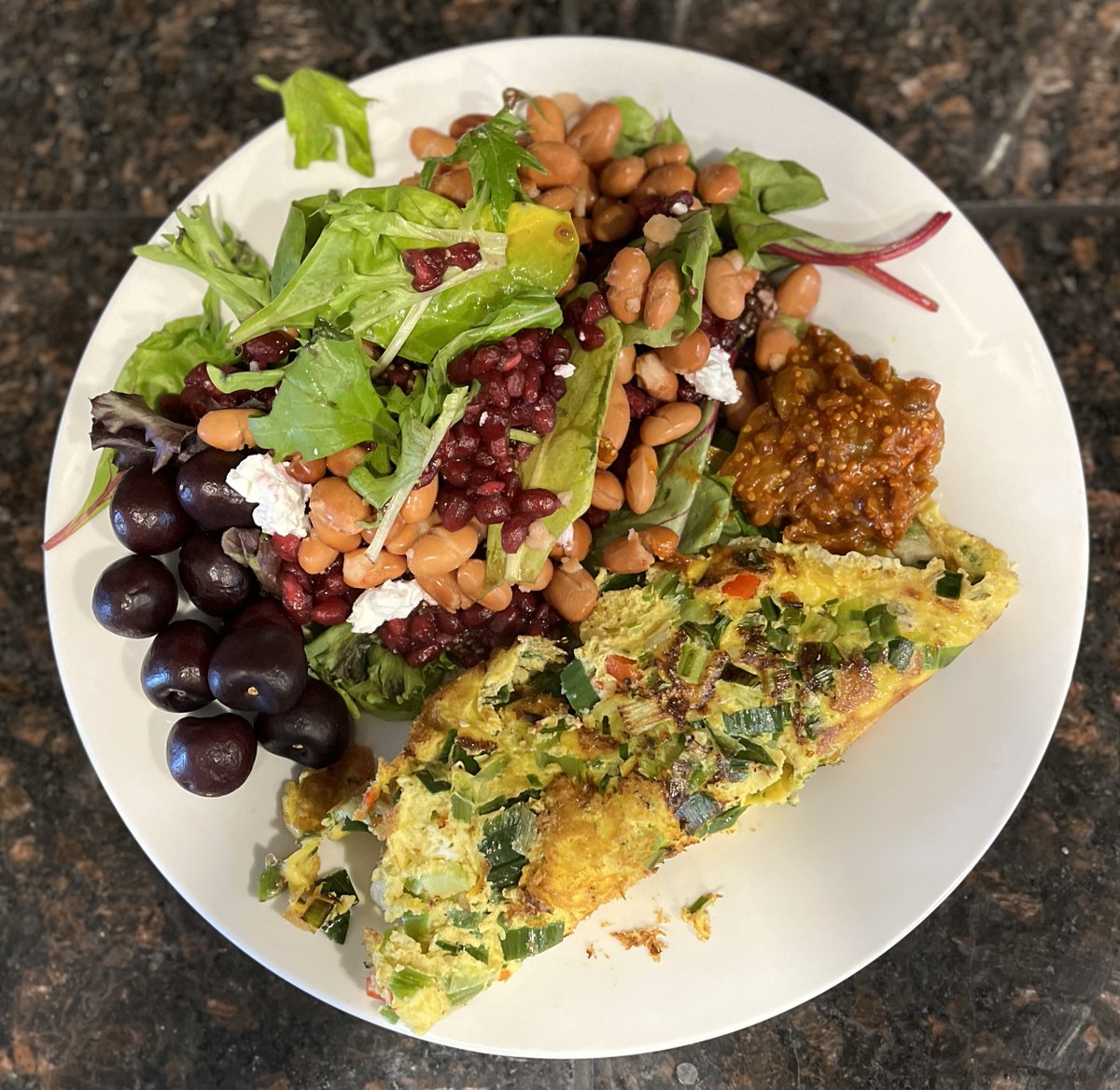 Good morning!  another day, another omelet and salad.  Probiotic came from the mango chili pickle, fiber fro probiotics to feed on came from the beans and cherries, protein in eggs and beans.