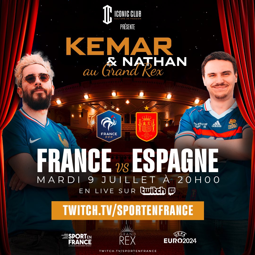 Une demi-finale de l’#EURO2024 au Grand Rex : une soirée unique en France en live sur Twitch 🔥

<a href="/LeKemar/">Marc Jarousseau</a> &amp; <a href="/natlingua6/">Nathan Lingua</a> vous donnent rendez-vous à 20h pour France 🆚 Espagne en direct de <a href="/LeGrandRex/">Le Grand Rex</a> 🍿

➡️ twitch.tv/sportenfrance ⬅️

#LaChainedeTousLesSports
