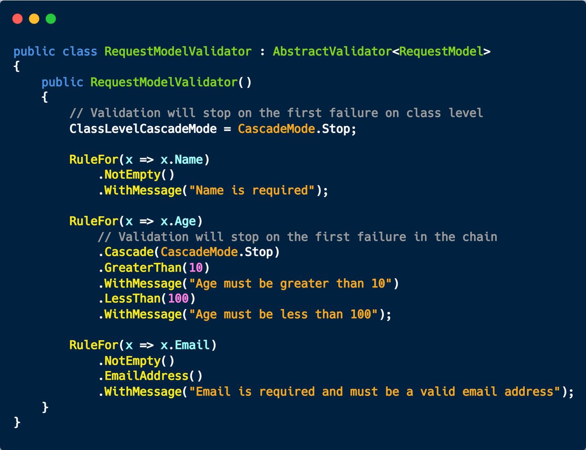 sa_es_ir's tweet image. FluentValidation: Stop checking rules on the first failure!
By default, it checks all rules and aggregates error messages, it's more efficient to set CascadeMode either on the class level or rule chain, especially when using `MustAsync` and async operations.
#fluentvalidation