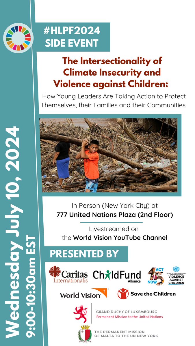 Join us tomorrow for #HLPF2024 side event to discuss The Intersectionality of Climate Insecurity and Violence against Children.
 
📆When: 10 July, 9-10.30 ET.

✍️Register tinyurl.com/yvz34cxk 

#ClimateActionNow