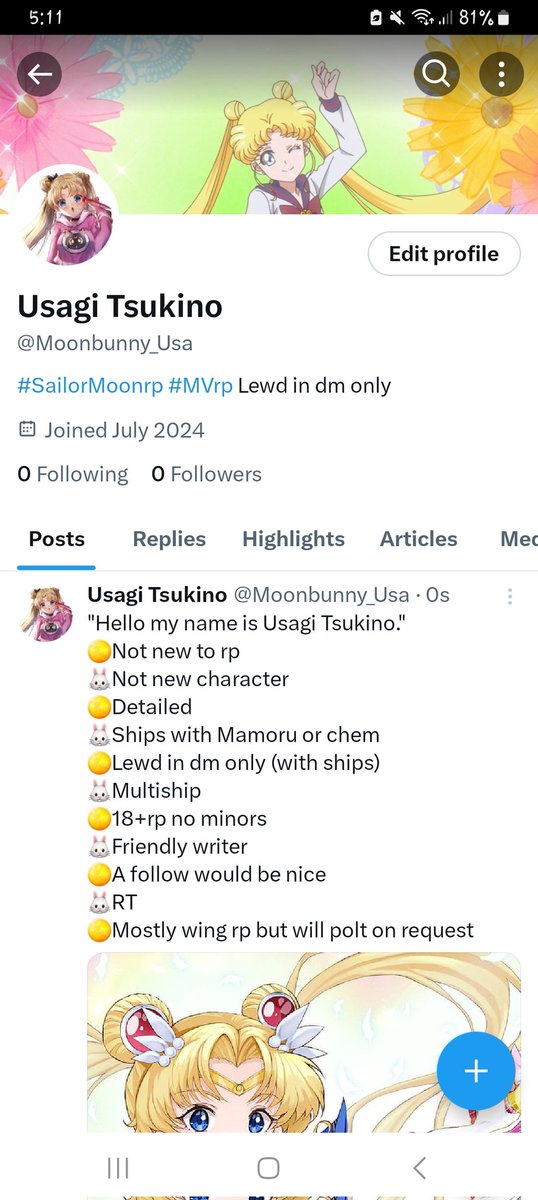 //If anyone is curious I just created a Usagi Tsukino account. She will be mostly none lewd but lewd in dms only with ships. Go give me a follow on there if you are interested