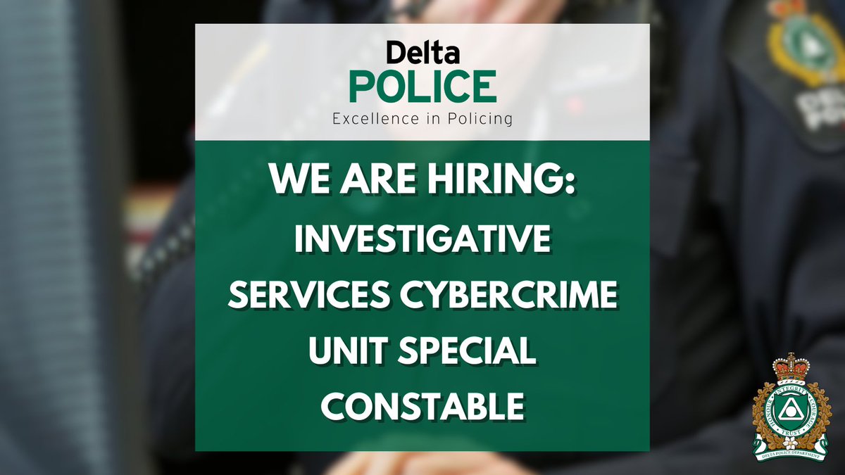 🚨 We Are Hiring! 🚨

The Delta Police Department is looking for an Investigative Services Cybercrime Unit Special Constable. ℹ️ Learn more and apply here: bit.ly/3RZG15i

#DeltaPolice #JoinOurTeam #Cybercrime #WeAreHiring