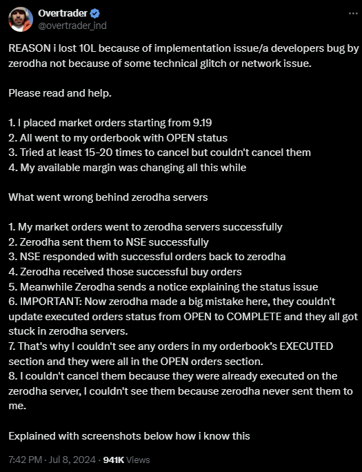 overtrader_ind's tweet image. FINAL UPDATE on 10L loss on Zerodha due to technical error
"We are really sorry, we take the full accountability however no refund will be issued". That's what i thought would happen. But...
Timeline:
- Raised the issue yesterday at 9.30 on X.
- Created a ticket on Zerodha at…