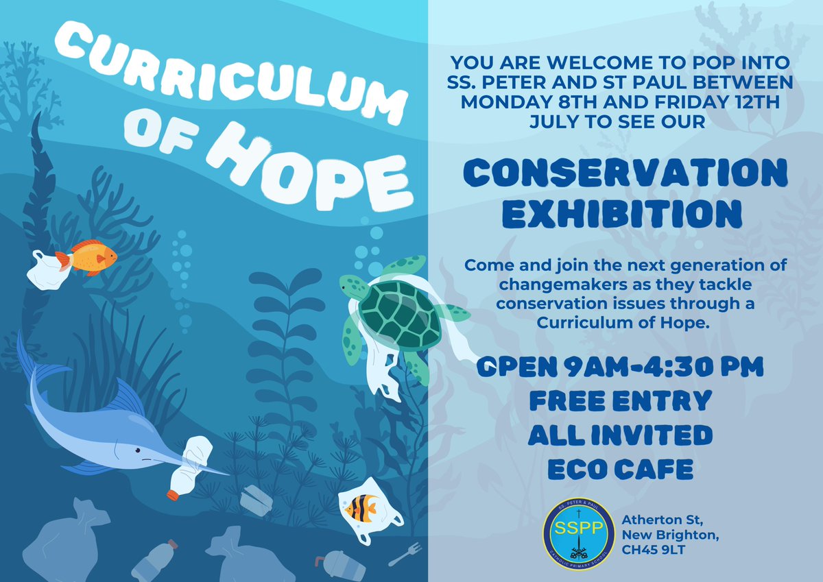 WirralEnvironmentalNetwork (@ecowirral) on Twitter photo Visit <a href="/SsPeterPaulSch/">Ss Peter and Paul New Brighton</a> in New Brighton for their conservation exhibition. The school has worked on a new Curriculum of Hope project, looking at the biggest conservation issues and taking action to tackle them.
Open 9am to 4.30pm until Friday 12th July. Visit <a href="/SsPeterPaulSch/">Ss Peter and Paul New Brighton</a> in New Brighton for their conservation exhibition. The school has worked on a new Curriculum of Hope project, looking at the biggest conservation issues and taking action to tackle them.
Open 9am to 4.30pm until Friday 12th July.
