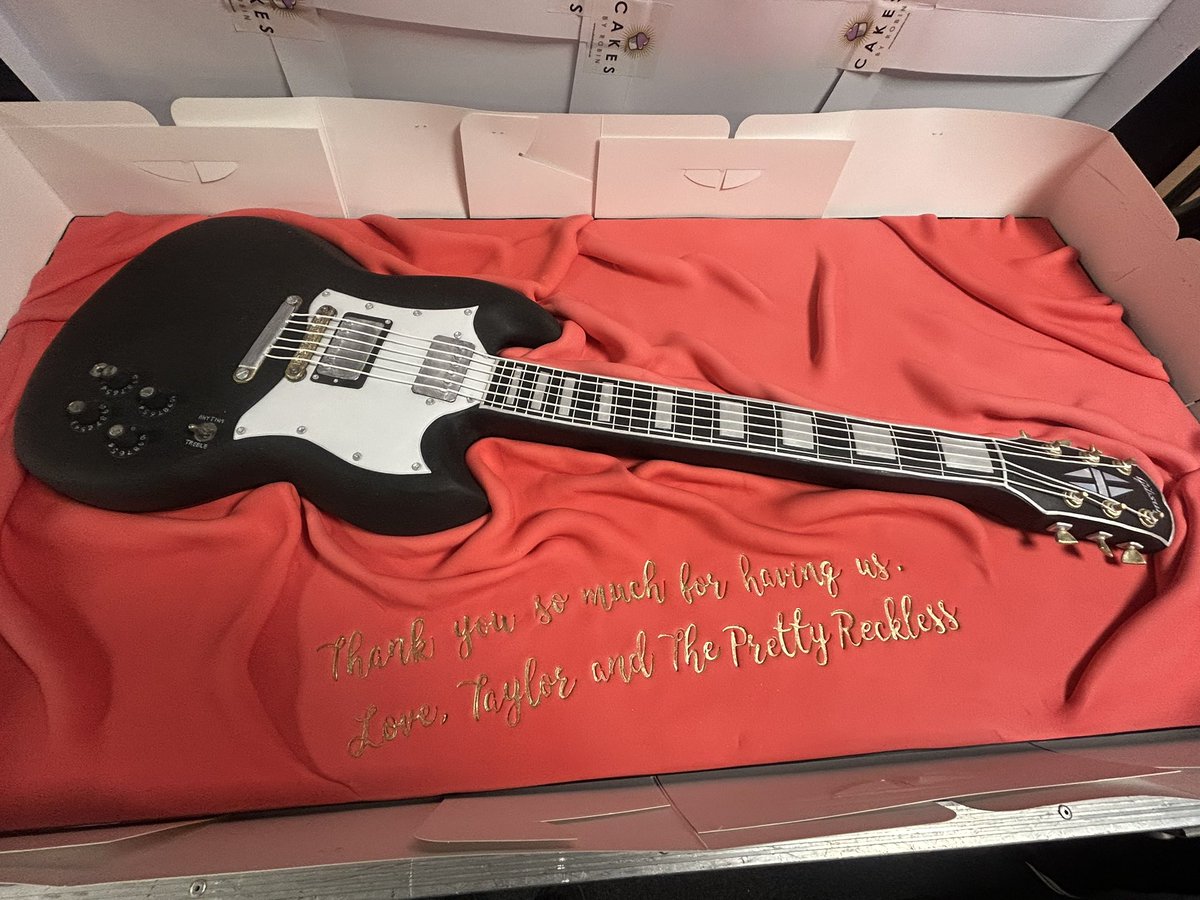 taylormomsen's tweet image. When @acdc you grace their stage every night for a whole summer how do you thank them?  A life sized, made to spec, cake of Angus’s famous SG!  Plus some special gifts for Brian to go along.  I can’t express our appreciation for the experience they’ve given us, they ARE rock and…
