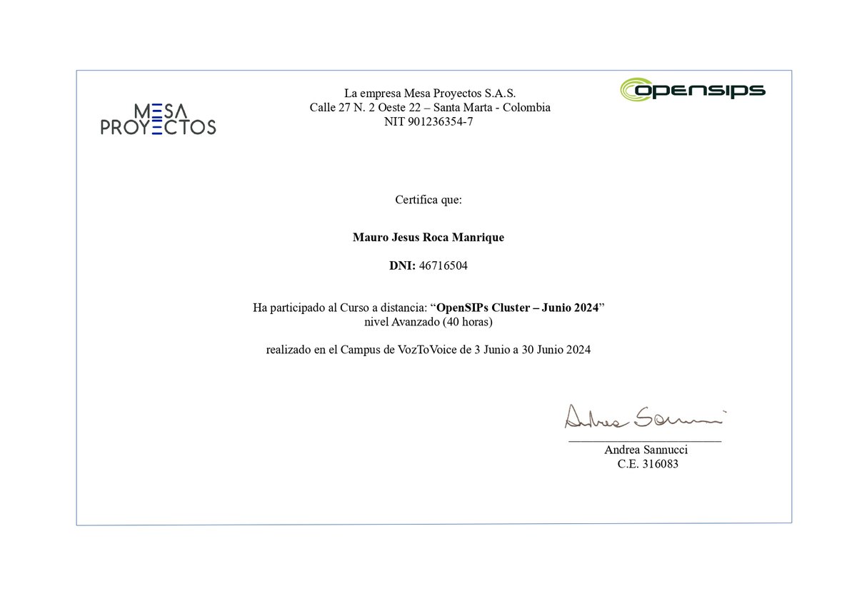 MauroRocaVoIP's tweet image. New Certificate about OpenSIPs Cluster. Thanks! #SIP #VoIP #OpenSIPs