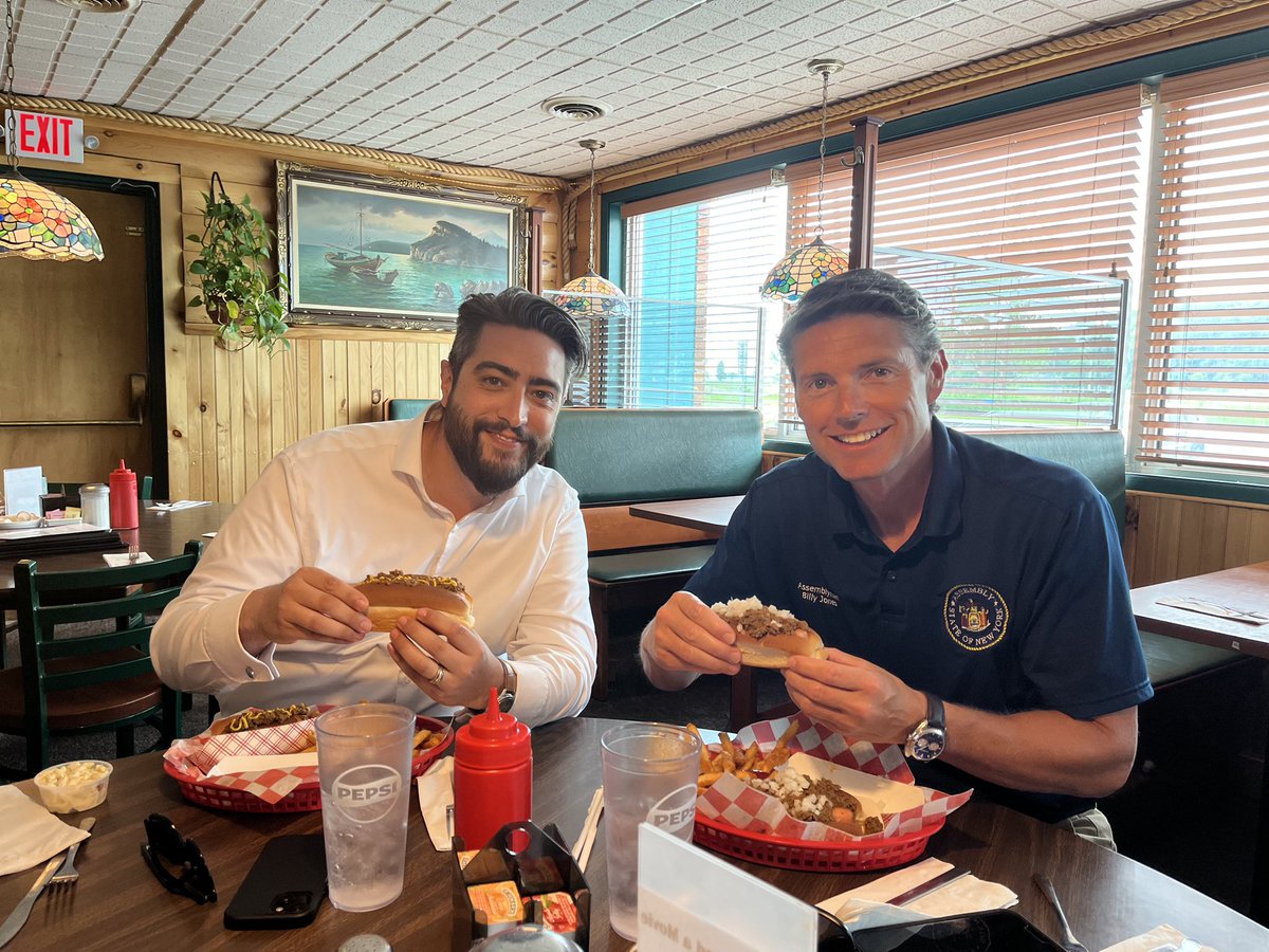 Jones_Assembly's tweet photo. When in the #NorthCountry, you eat #Michigans! Glad to show @JonRivera149 this #NorthCountry delicacy during #MichiganMonth at Gus' Red Hots Diner, Pizzeria, & Sub Shop. After, we went across the street & checked out the City of Plattsburgh Beach on this beautiful day! βοΈποΈπ https://t.co/csGDPWkFHV