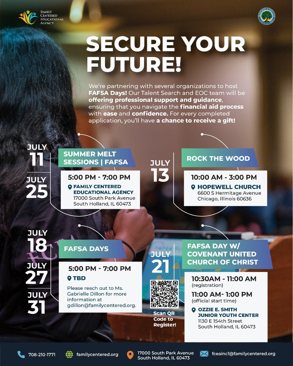 Don't miss the opportunity to secure the bag with our professional team and a chance to win a gift after you've completed the #FAFSA! 

Covenant United Church of Christ requires registration. Please complete the following form before your arrival: familycentered.jotform.com/241825207794159