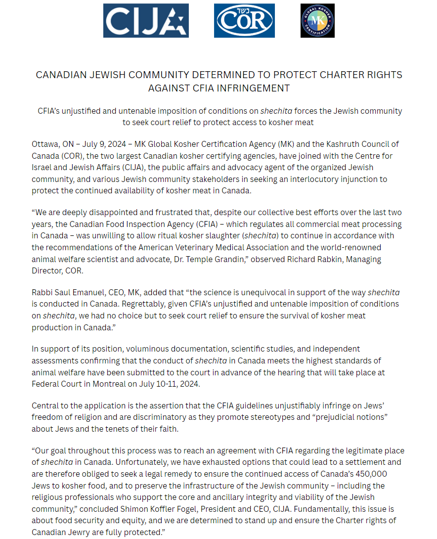 CIJAinfo's tweet image. We're determined to protect our community's Charter rights against @InspectionCan infringement. The science is unequivocal in support of the way shechita is conducted in 🇨🇦, and CFIA guidelines infringe on our freedom of religion.

Read more ⬇️