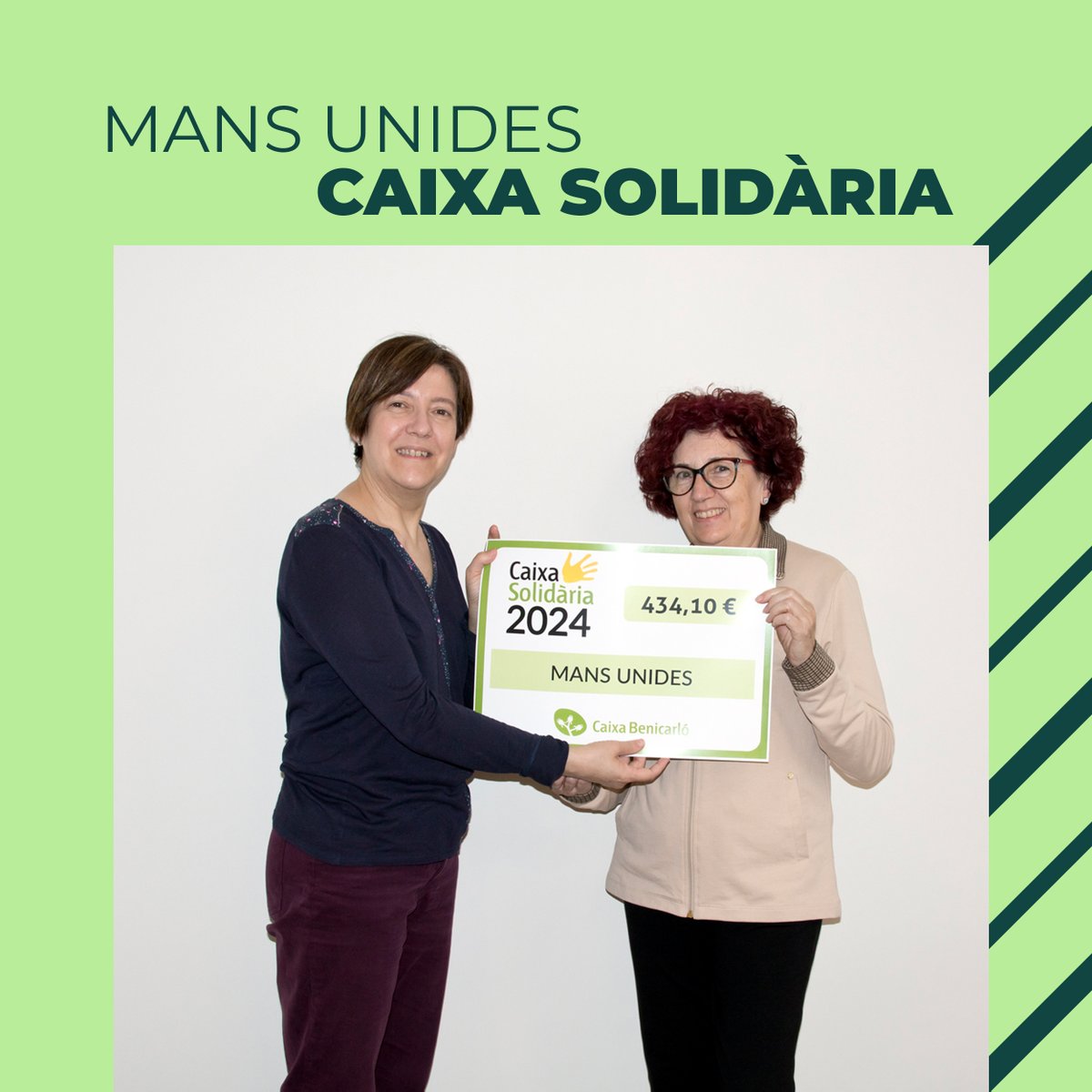 BenicarloCaixa's tweet image. Recolzem l’associació #MansUnides Benicarló amb 434,10€, una xifra solidària que prové de la campanya “Caixa Solidaria 2024”. La nostra directora de mitjans, Elena Tortajada, els ha lliurat el xec.  Moltes felicitats!
#Nosomrobots #Sompersonesambcor #Bancacooperativa
