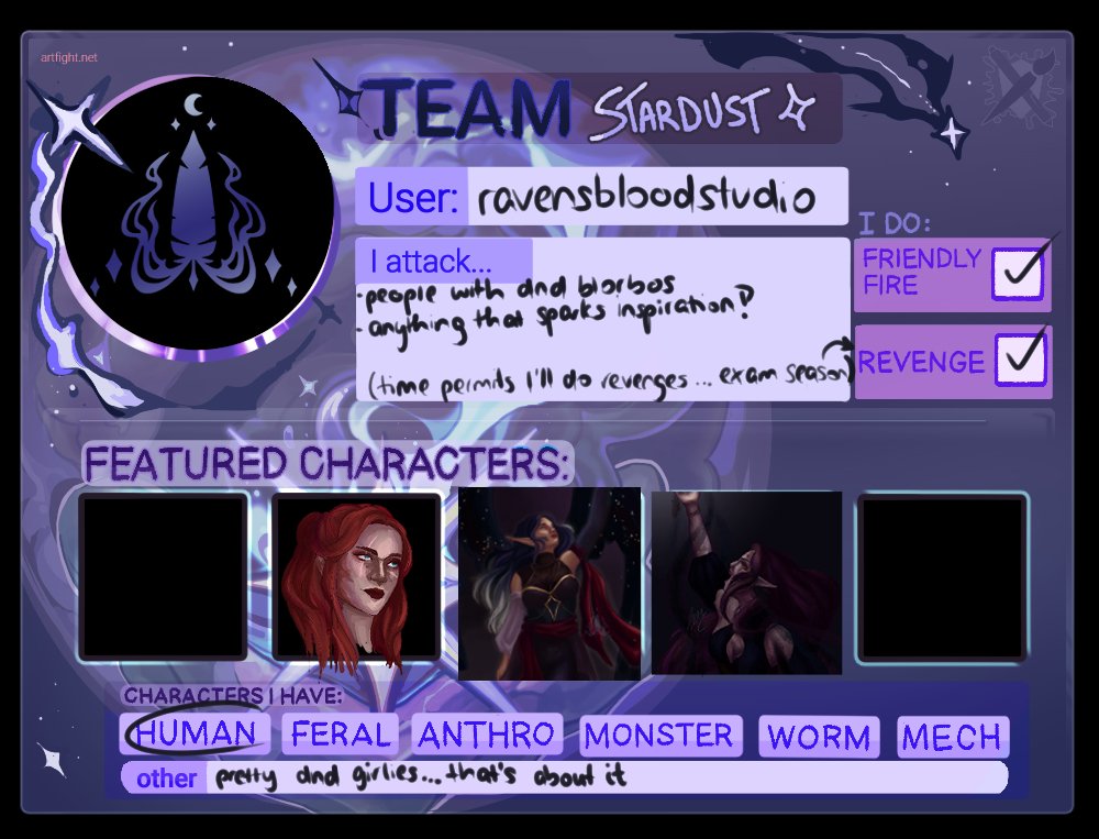ravensbl00d's tweet image. Alright imma start bundling up all #artfight posts under one threat because I realized I wanted them sorted...

So first off: this lil blurb...
#artfightstardust 
I have exams coming up so revenges will be slow but I&apos;ll do my best!