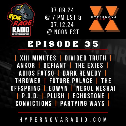 🚨TONIGHT at 7 PM EST and Friday at NOON EST, Episode 35 of <a href="/IndieRageRadio/">Indie Rage Radio</a> on Hypernova Radio features an interview with <a href="/dividedtruthof1/">dividedtruthofficial</a> and music from &lt;see comments&gt;

↘️TUNE IN ON THE <a href="/Live365/">Live365</a> APP OR↙️
🌐: hypernovaradio.com

Happy Tuesday!