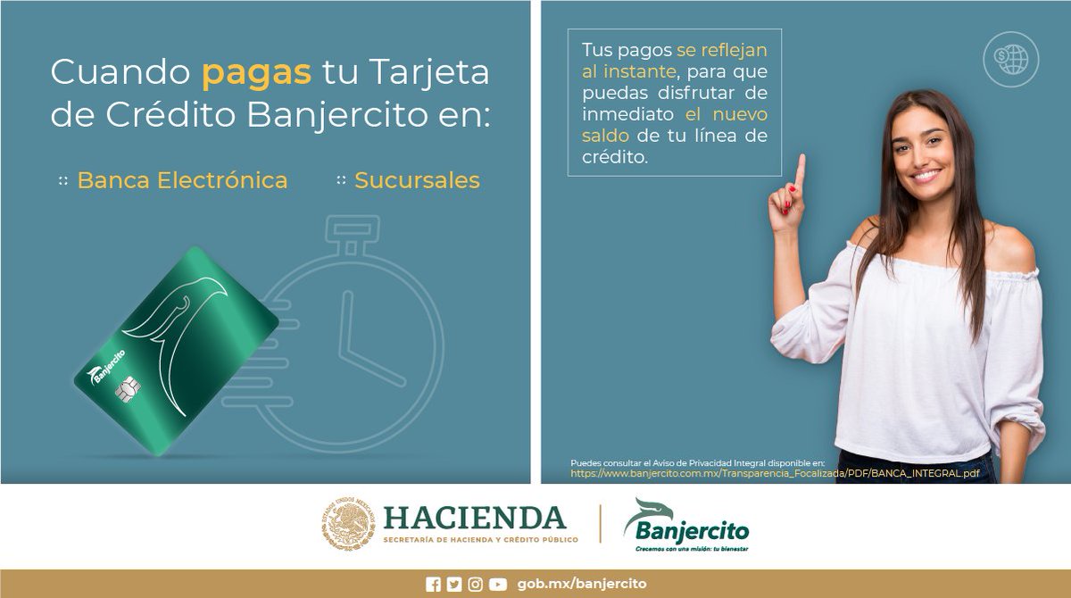 BanjercitoSNC's tweet photo. Paga tu tarjeta de crédito Banjercito con rapidez y seguridad desde nuestra banca electrónica. O bien si lo prefieres, directo en sucursal. Tus pagos se actualizan al instante. ✅  

#ElijoBanjercito #TarjetadeCredito #BanjeCel

@SEDENAmx 
@SEMAR_mx 
@GN_MEXICO_ https://t.co/3KOiPNn2T6