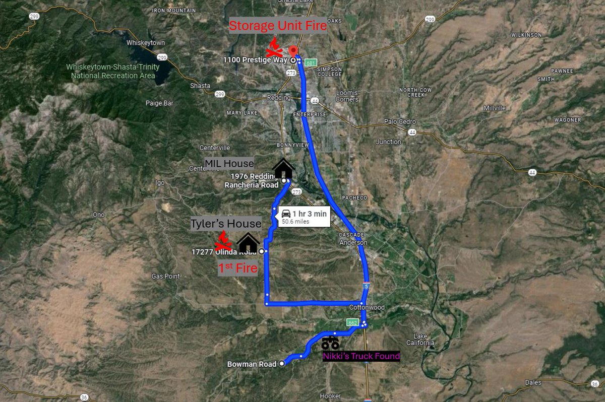 AngelsBokenHalo's tweet photo. As best I understand these are the key locations in this case so far.
Nikki was heading to her MIL house last contact. Previous to breaking up she and Tyler Lived in the house by where that 1st fire took place. Nikki's family first searched Bowman Rd. Days later the police admitted they had already recovered her truck but didn't tell anyone for days. The 2nd fire is at the top. Locally they say Tyler/Brother had units there. #BringNikkiHome #HelpFindNikki #Redding #California #Cottonwood #ShastaCounty