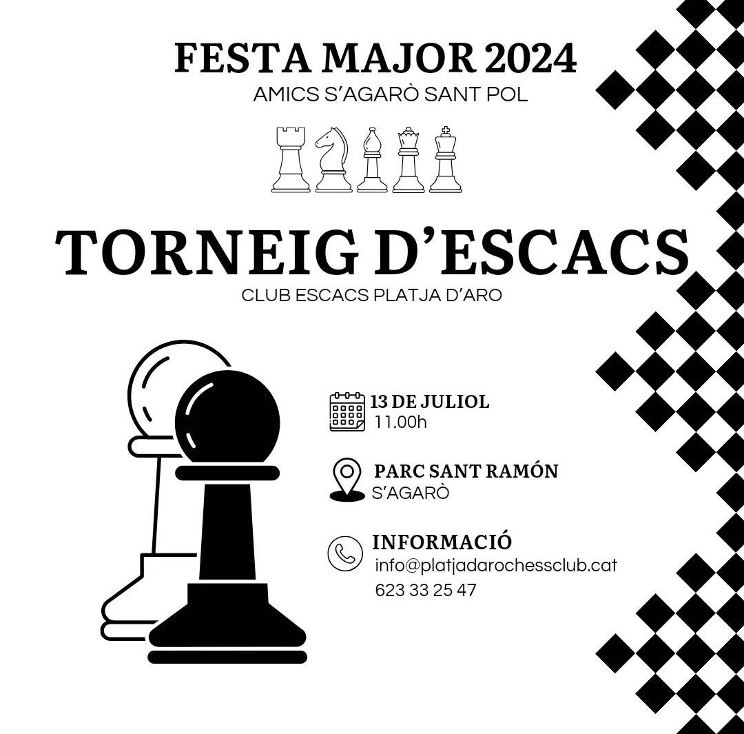 Club Escacs Gerunda (@escacsgerunda) on Twitter photo Una proposta per dissabte 13 de juliol a S'Agaró: un torneig matinal de Ràpides.
#SAgaro #Escacs <a href="/escacspda/">Club d'Escacs Platja d'Aro</a> #EscacsGerunda <a href="/escacs_cat/">Federació Catalana d'Escacs</a> Una proposta per dissabte 13 de juliol a S'Agaró: un torneig matinal de Ràpides.
#SAgaro #Escacs <a href="/escacspda/">Club d'Escacs Platja d'Aro</a> #EscacsGerunda <a href="/escacs_cat/">Federació Catalana d'Escacs</a>
