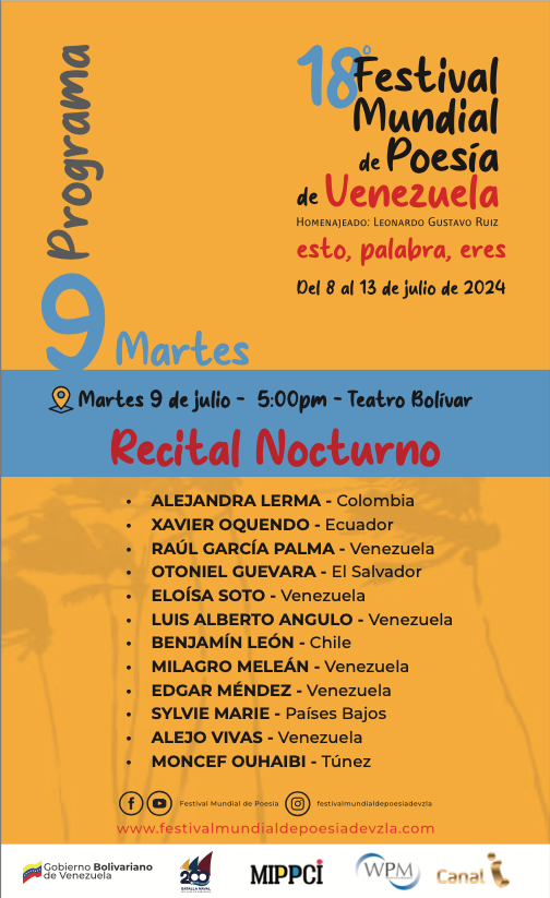 No te pierdas nuestro recital de poesía en el Teatro Bolivar de Caracas a las 5 pm. Ven a disfrutar de las emociones que transmiten nuestros poetas con sus palabras. ¡Te esperamos! #PoesíaEnVivo #RecitalDePoesía #9DeJulio