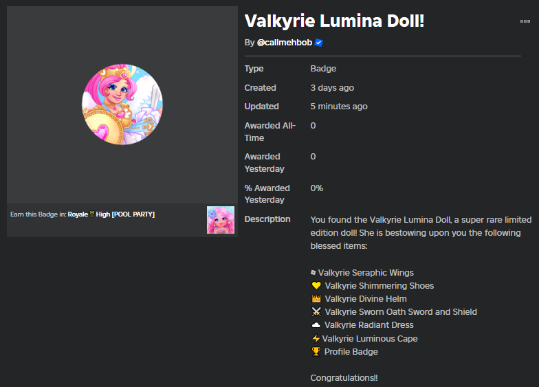 badge for the valk doll is out! reminder that you should NOT purchase this toy 🇵🇸