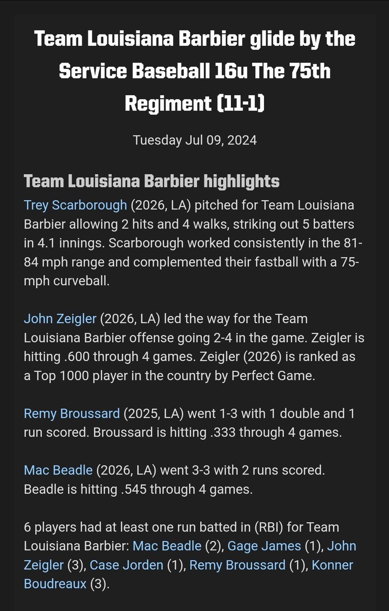 Team Louisiana Barbier move to 4-0 in pool in the 16U WWBA National Championships. Good guys were led on the mound by Trey Scarborough of St Mary's and another great job up and down our lineup as our guys end the day with 14 hits! Another good win for the good guys! #FAMILY