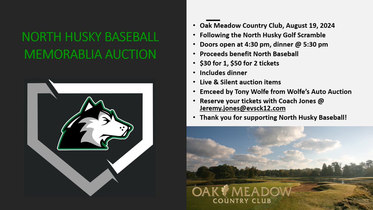 NORTHHUSKYBASEB's tweet photo. The 3rd annual North Husky Baseball Golf Scramble is all set for Aug 19th @ 1:00 pm at Oak Meadow Country Club.  Much more information to come, but anyone wanting to sign a team up or sponsor a hole, contact Coach Jones (jeremy.jones@evsck12.com). https://t.co/1xWmt01ONx