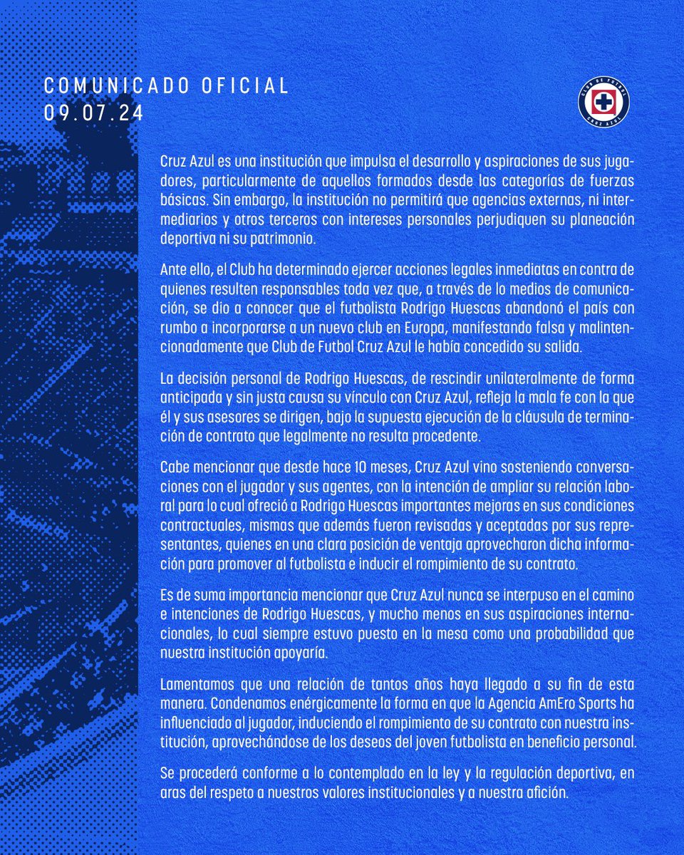 CruzAzul's tweet photo. Comunicado Oficial / Official Statement: Rodrigo Huescas. https://t.co/qzGfPMNW01