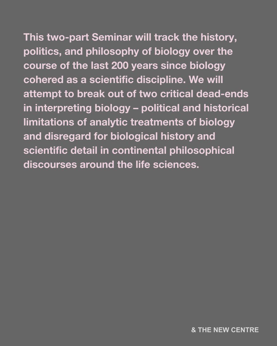 the_new_centre's tweet image. 1/ Starting on August 4th, our Instructor Ben Woodard, will teach a 1-credit Seminar titled “200 Years of Life I” This is the first segment of a two-part Seminar that tracks the history, politics, and philosophy of biology. 

thenewcentre.org/seminars/200-y…