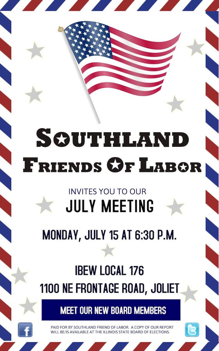 SFriendsofLabor's tweet photo. Our first in person meeting in over 4 years.  Doors open at 6 pm at IBEW Local 176 in Joliet on Monday, July 15. Complimentary beverages and pizza.  Southland Friends of Labor Meeting Notice: https://t.co/MKw9RlBINX https://t.co/W2nFmXJYs6