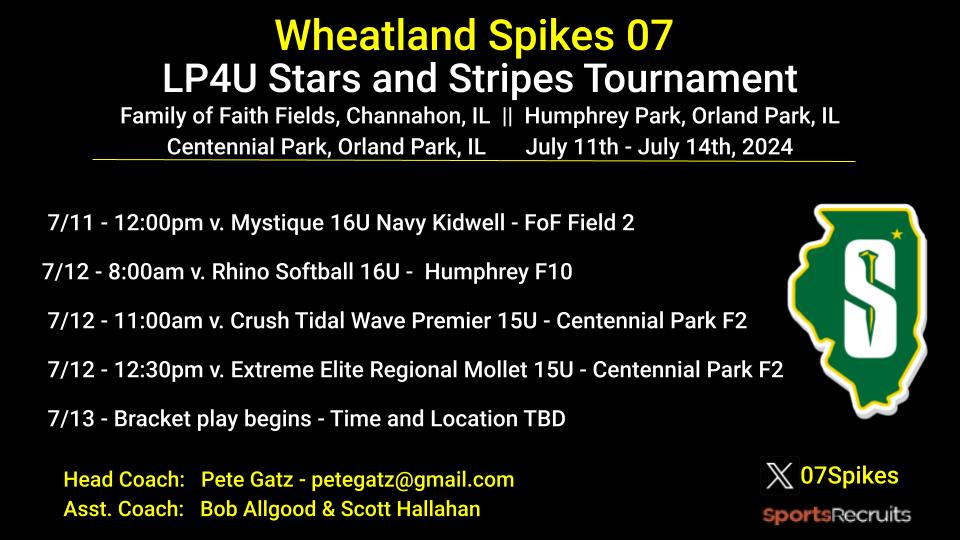 Wheatland Spikes Premier 18u (@spikes18uprem) on Twitter photo Back on the fields in Illinois this weekend! Hope the weather cooperates so we get the opportunity to compete! <a href="/WheatlandSpikes/">Wheatland Spikes Softball</a> Back on the fields in Illinois this weekend! Hope the weather cooperates so we get the opportunity to compete! <a href="/WheatlandSpikes/">Wheatland Spikes Softball</a>