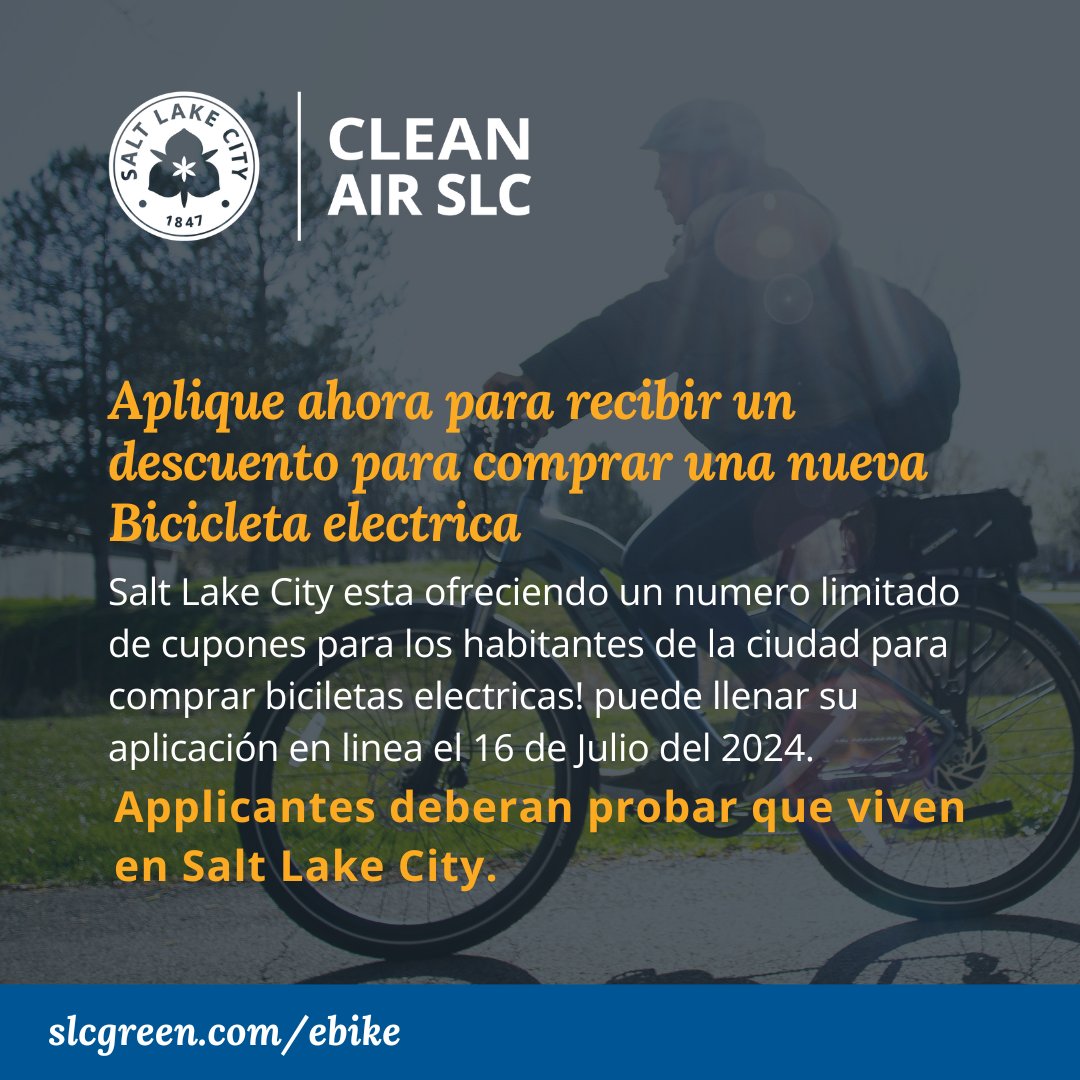 Reemplazar el uso de un automóvil por el uso de una bicicleta es una excelente manera de mejorar la calidad del aire local. 🚲 Es por eso que Salt Lake City ofrece una cantidad limitada de incentivos para ayudar a nuestra comunidad a comprar bicicletas eléctricas.  
(1/2)