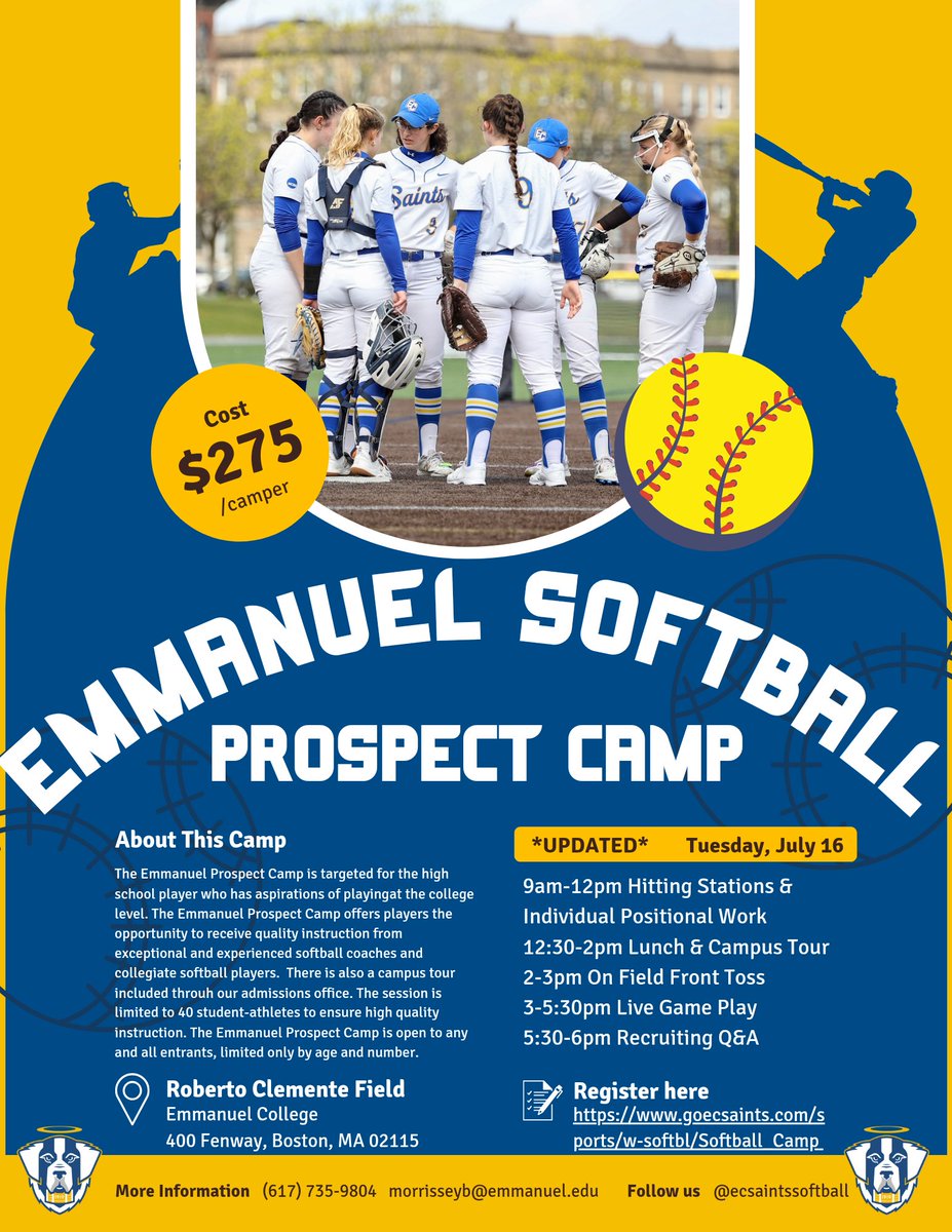 ECSaintsSB's tweet photo. You've got just 1 more week to sign up for the ECSB Prospect Camp with Wentworth! Camp is 7/16 9am-5pm with an Admissions Tour included! Will we see you there? 💙🥎💛 #gosaints #gocamp https://t.co/z7NWSQRfs2