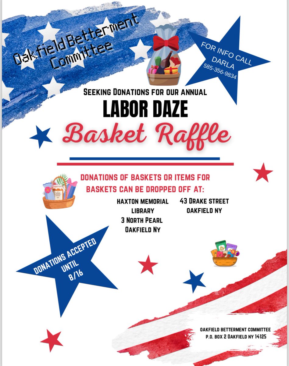 OABetterment's tweet photo. Now accepting donations of baskets or gift cards for our Labor Daze basket raffle. Please see info below, and feel free to reach out with any questions. Thank you! πΊπΈ#LaborDaze2024 #OakfieldNY #LaborDaze #LaborDay https://t.co/XK8xwu0cQc