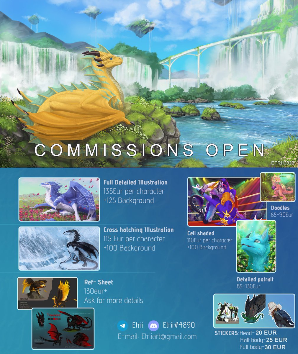 4slots open + 1 slot for traditional painting (dragon portrait similar to this furaffinity.net/view/56164452/, furaffinity.net/view/55627049/ 200 euro + shipping )
Application form>
docs.google.com/forms/d/e/1FAI…
i will check forms on Sunday 
any questions? 
Telegram: Etrii
Discord: Etrii
or FA notes