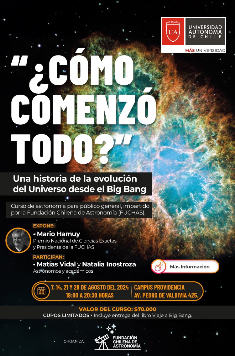 MarioHamuy's tweet photo. ¿Cómo Comenzó Todo? Una historia de la evolución del Universo desde el Big Bang. Este es el título del curso de astronomía para público general que realizará la Fundación Chilena de Astronomía, FUCHAS, durante agosto 2024.

Más detalles e inscripciones en https://t.co/O9rEHxRj5A https://t.co/bW7udwKzET