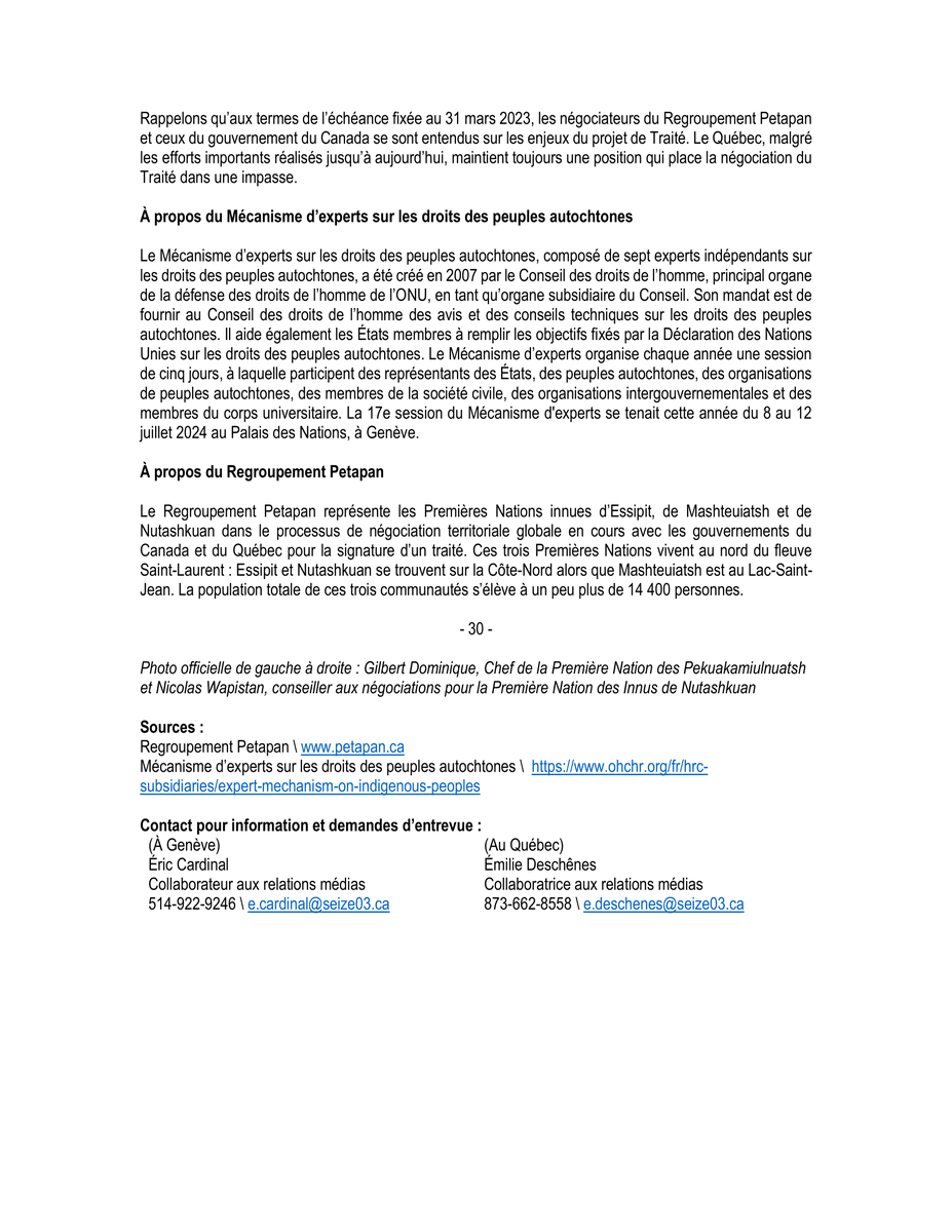 SEIZE03_fil's tweet photo. Communiqué - Projet de Traité Petapan : L'attitude réfractaire du Québec dénoncée à l'ONU

#polqc #ONU #droits #traité #premièresnations #innu #dnudpa https://t.co/Uw3QiE2Wft