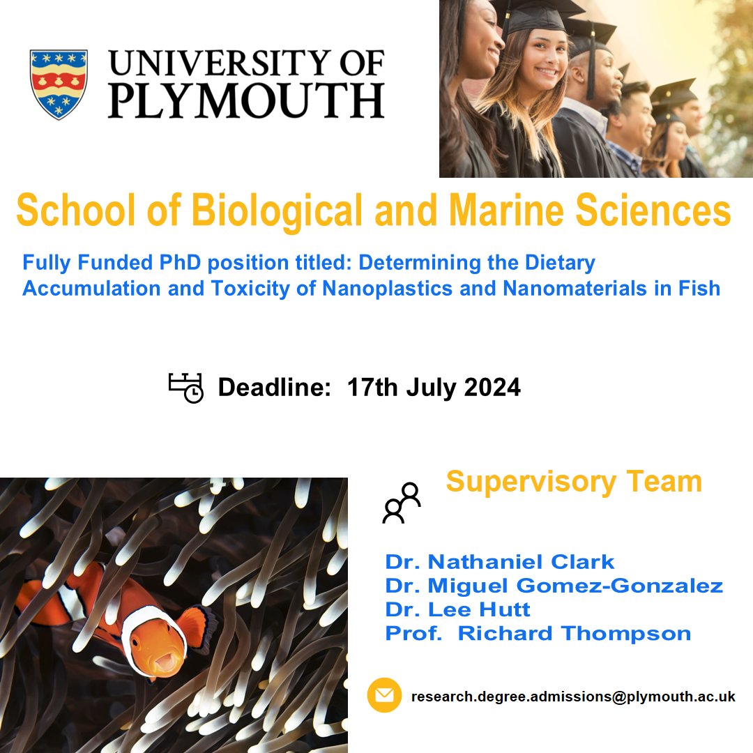 PhdScanner's tweet photo. 🔃 Fully funded 📢📢 #phdposition alert

✅Passionate about #Environment #biology #fish 🐠

✅ Rare fully funded #PhDposition for upto 4⃣ years within the School of Biological and Marine Sciences @PlymUni

📌This #PhDposition focusses on "Determining the dietary accumulation and #toxicity of nanoplastics and nanomaterials in fish". 

⏰Deadline: 17th  July 2024

✅ Work with amazing Dr. @_nathaniel_92 , Dr.  Miguel Gomez-Gonzalez , Dr. Lee Hutt, & @ProfRThompson 

✅Source/ Full Details 👇

🔗https://t.co/Apr0ZutnJT

✅ Please 🔃 RT/tag someone who might be interested, like/share/comment for wider reach

➕ Follow @PhDScanner for more such updates

#PhDposition #nanoplastics #Plymouth  #England 🇬🇧