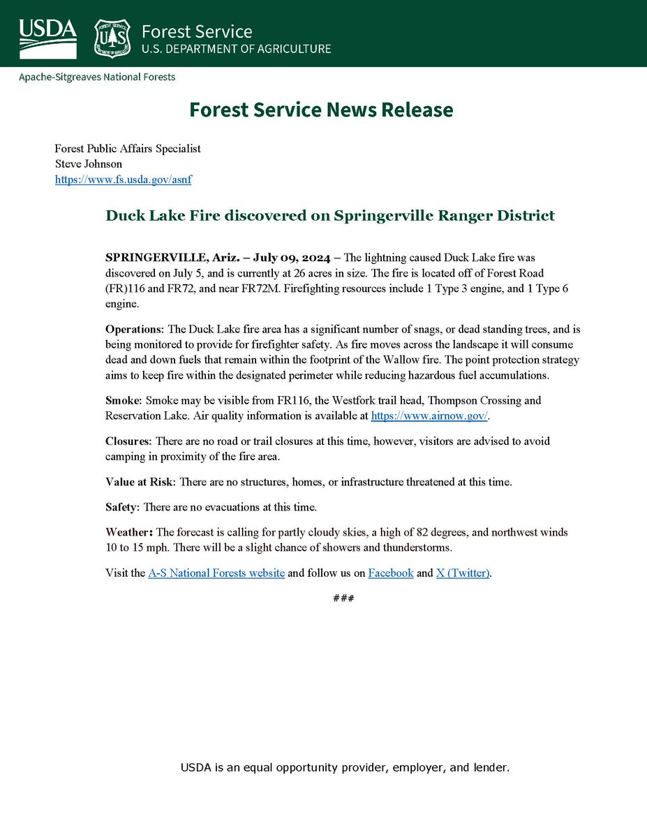 A_SNFs's tweet photo. Apache-Sitgreaves National Forests
Forest Service News Release

Forest Public Affairs Specialist
Steve Johnson
https://t.co/6NMo805Bhj

Duck Lake Fire discovered on Springerville Ranger District

*see attachments for news release and map https://t.co/jMTcWitr8x