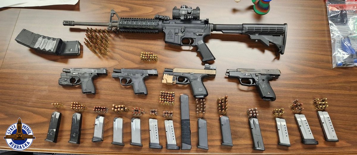 NEStatePatrol's tweet photo. Excellent teamwork by Troopers, deputies, and officers in western Nebraska on this case from Saturday. 

Two stolen vehicles and multiple stolen firearms recovered. Three people, including two 18-year-olds arrested. 

Details: https://t.co/TsLiQOltI5 https://t.co/eJ4ASIGMUy