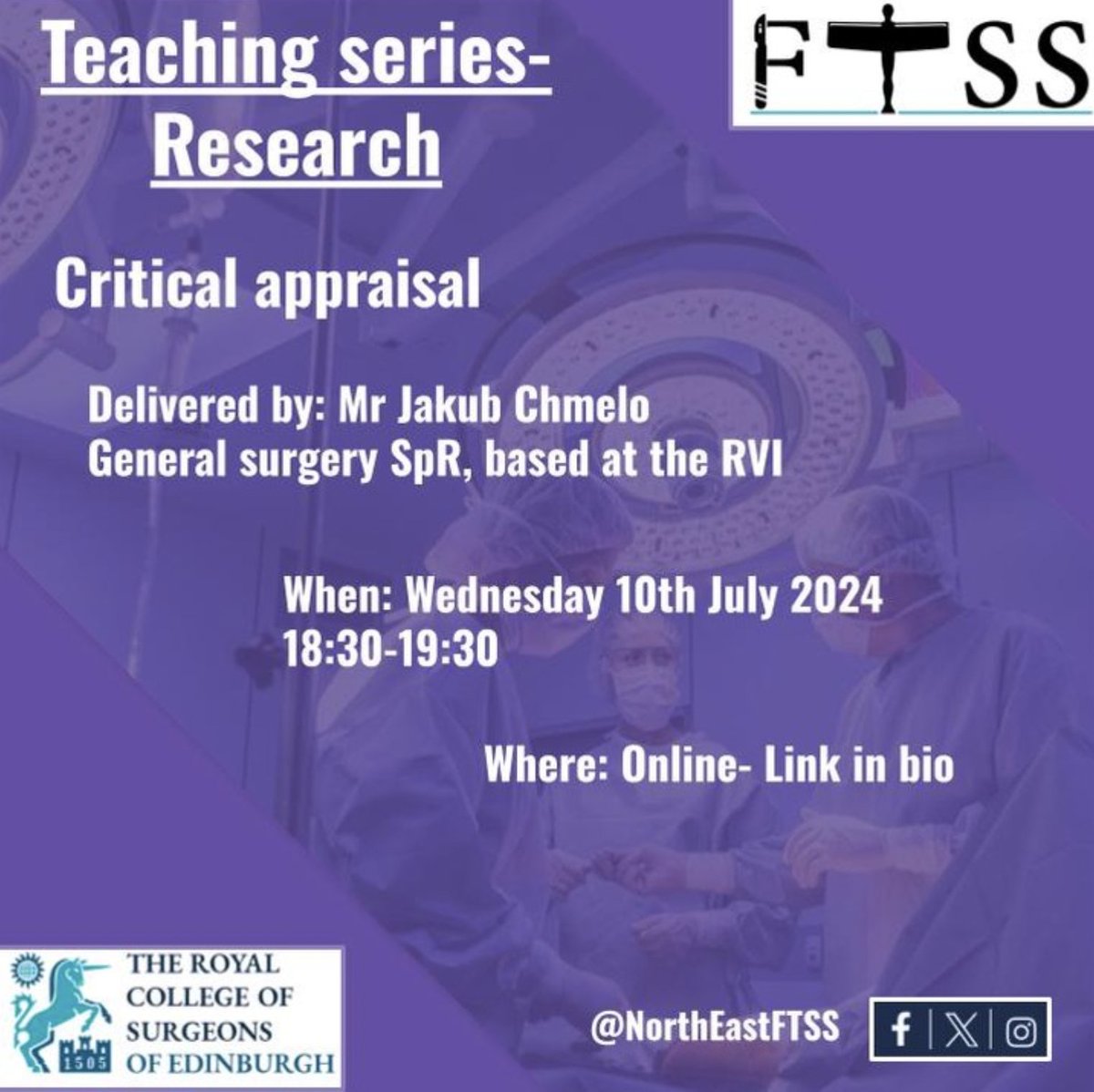 NorthEastFtss's tweet photo. 🚀 Launching our first Research Talk! Join us on Wed, July 10th at 6:30 PM for a session on Critical Appraisal by Mr. Jakub Chmelo, Surgical SpR. Learn how to evaluate research for clinical practice. Certificates will be provided. Online only, please see link tree in bio! https://t.co/dINA7jL7q1