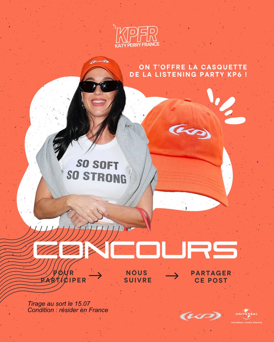 KatyPerryFrance's tweet photo. 🎁 | #CONCOURS : SURPRISE ! On t’offre LA casquette de la Listening Party KP6 de @katyperry 🧡 !!

RT+Follow pour participer. Tirage au sort le 15/07. Condition : Résider en France. 

Bonne chance à tous ! 🍀 https://t.co/R2WEzJruTj