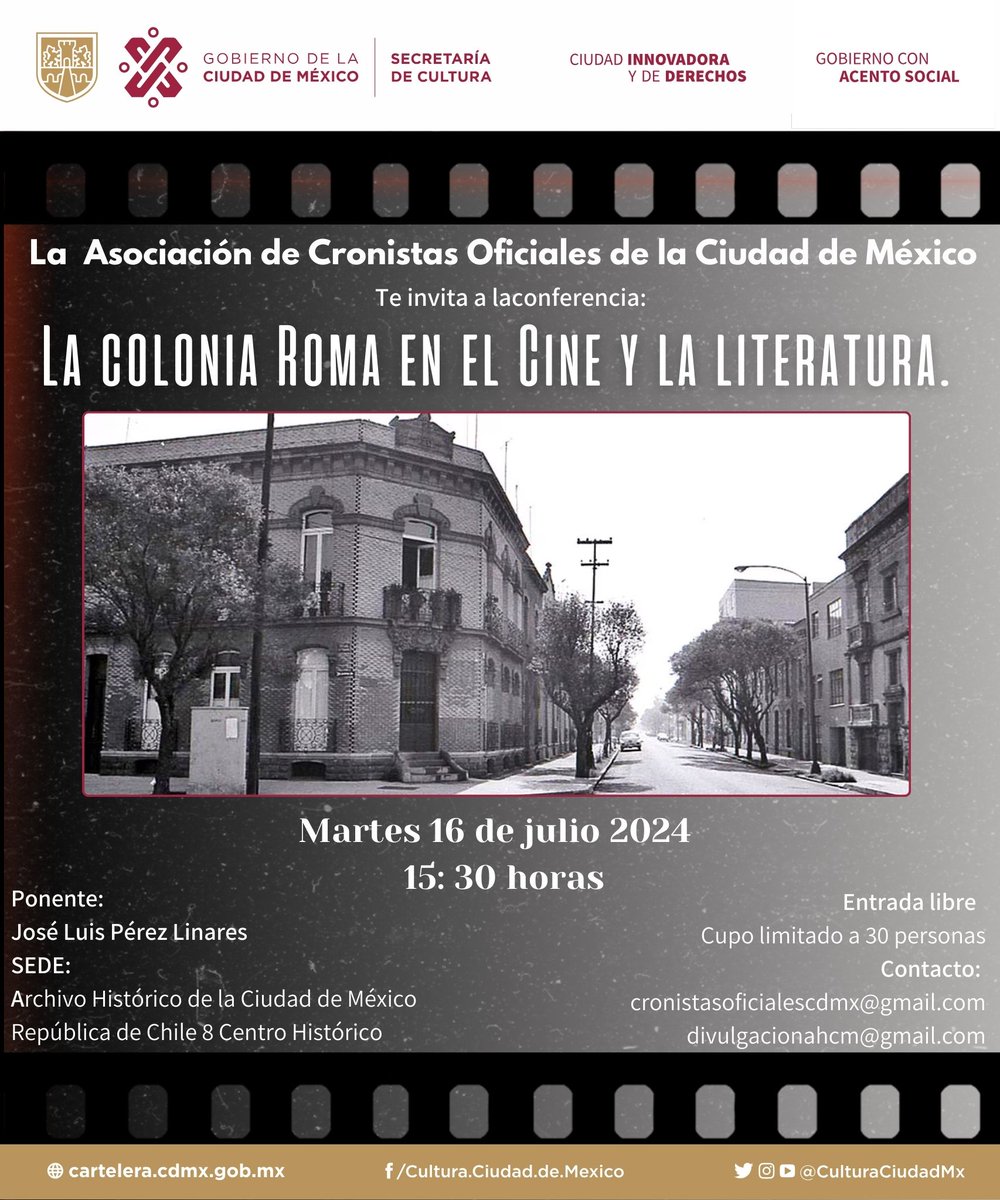 🎞📖 La Asociación de Cronistas Oficiales de la Ciudad de México te invita el próximo martes 16 de julio a la conferencia: La colonia Roma en el cine y la literatura 🏛️📍 Te esperamos en las instalaciones del Archivo Histórico de la Ciudad de México.
<a href="/CronistasOfCDMX/">Asociacion de Cronistas Oficiales de la CDMX</a>