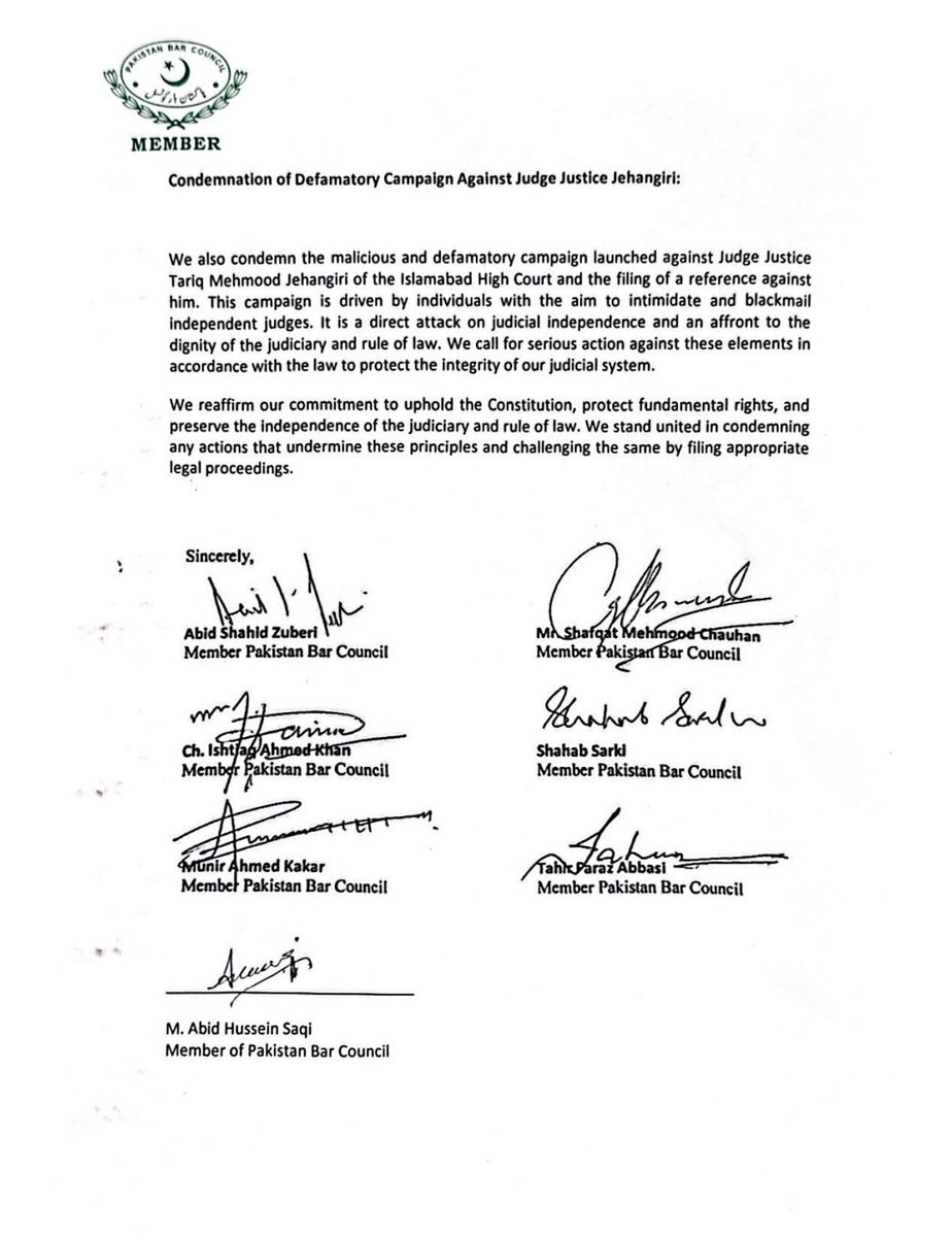 Shabirgigyani's tweet photo. Pakistan Bar Council (PBC) have condemned the malicious & defamatory campaign against Justice Tariq Jahangiri as its a direct attack on the independence of judiciary.
#weStandWithJudiciary
#supremacyOfLaw
#independence_of_judiciary
#EnoughIsEnough https://t.co/sXm38kYK64