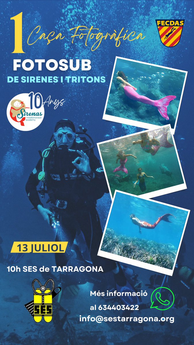 Este Sábado celebraremos nuesto X Aniversario Sirenas, junto a los amigos del <a href="/SESTarragona/">SES de Tarragona</a> 
#EscuelaDeSirenas #sirena <a href="/FECDAStwit/">Federació Catalana d′Activitats Subaquàtiques</a>