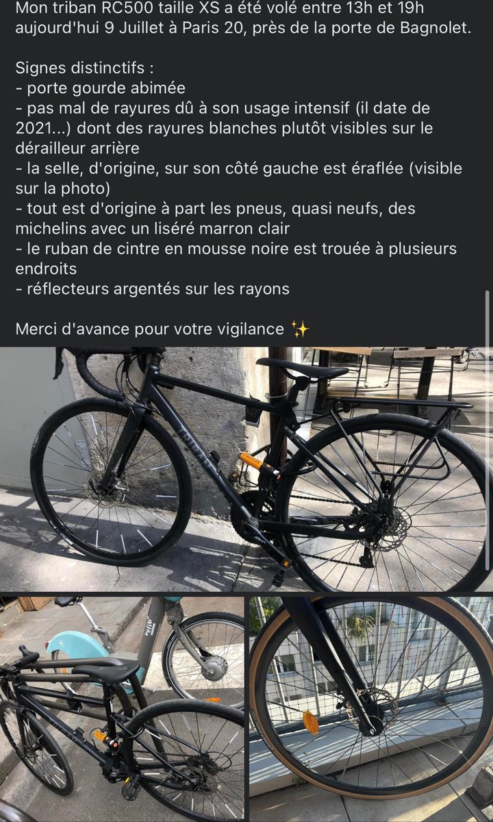 Une très bonne amie s'est fait voler son #vélo, malgré un U, en plein aprem à #Paris2024 😭
Est-ce que vous pouvez faire tourner sa recherche svp ? 🙏🙏🙏
Cc <a href="/MDBIDF/">Mieux se déplacer à bicyclette</a> <a href="/CyclisteUrbain/">Cycliste Urbain</a> <a href="/Velodumarais/">Vélo du Marais 🚴🌹</a>